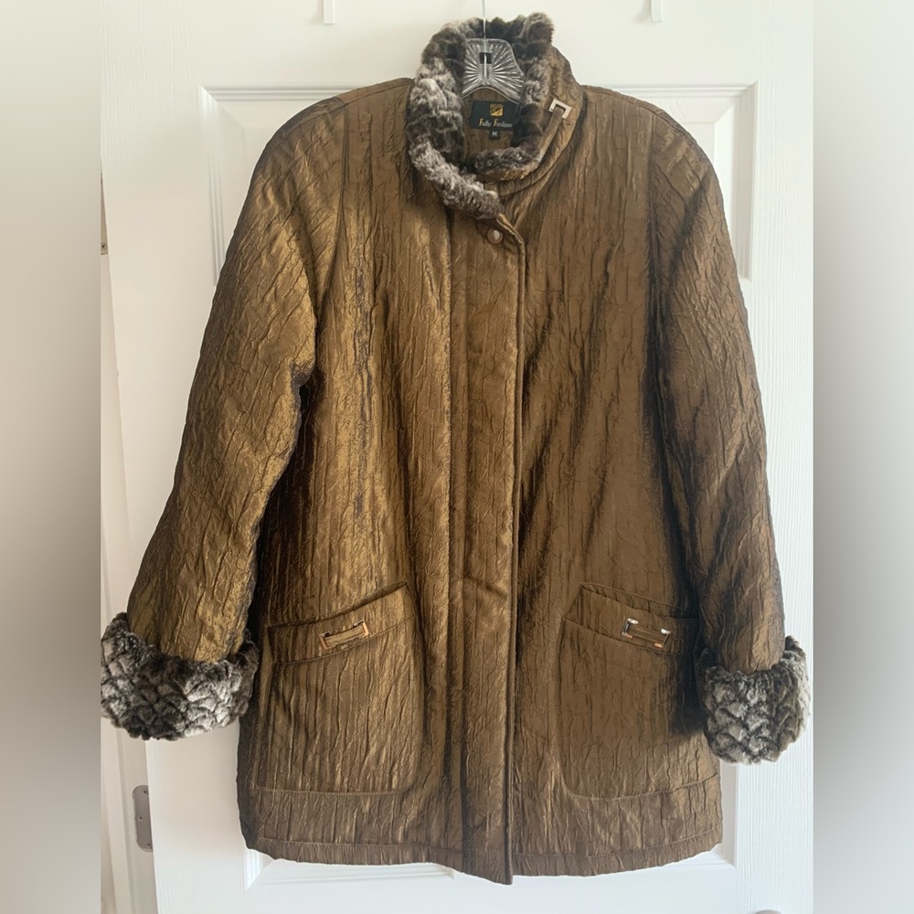 Fully Fashion VTG Womens Golden Brown Textured Faux Fur Cuff Jacket Coat Size M